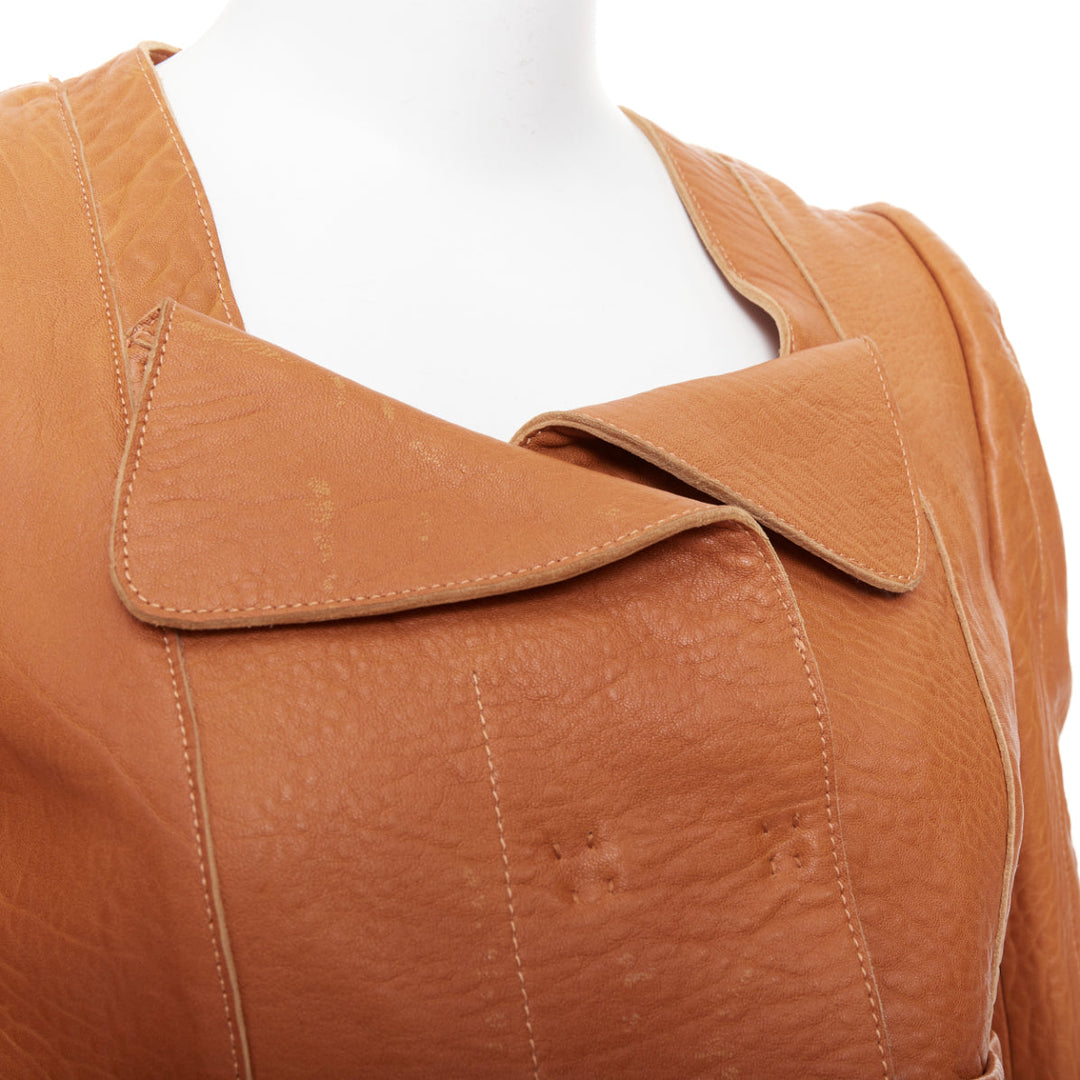 CARVEN 2011 tan brown pebble textured leather square neck crop jacket FR38 M