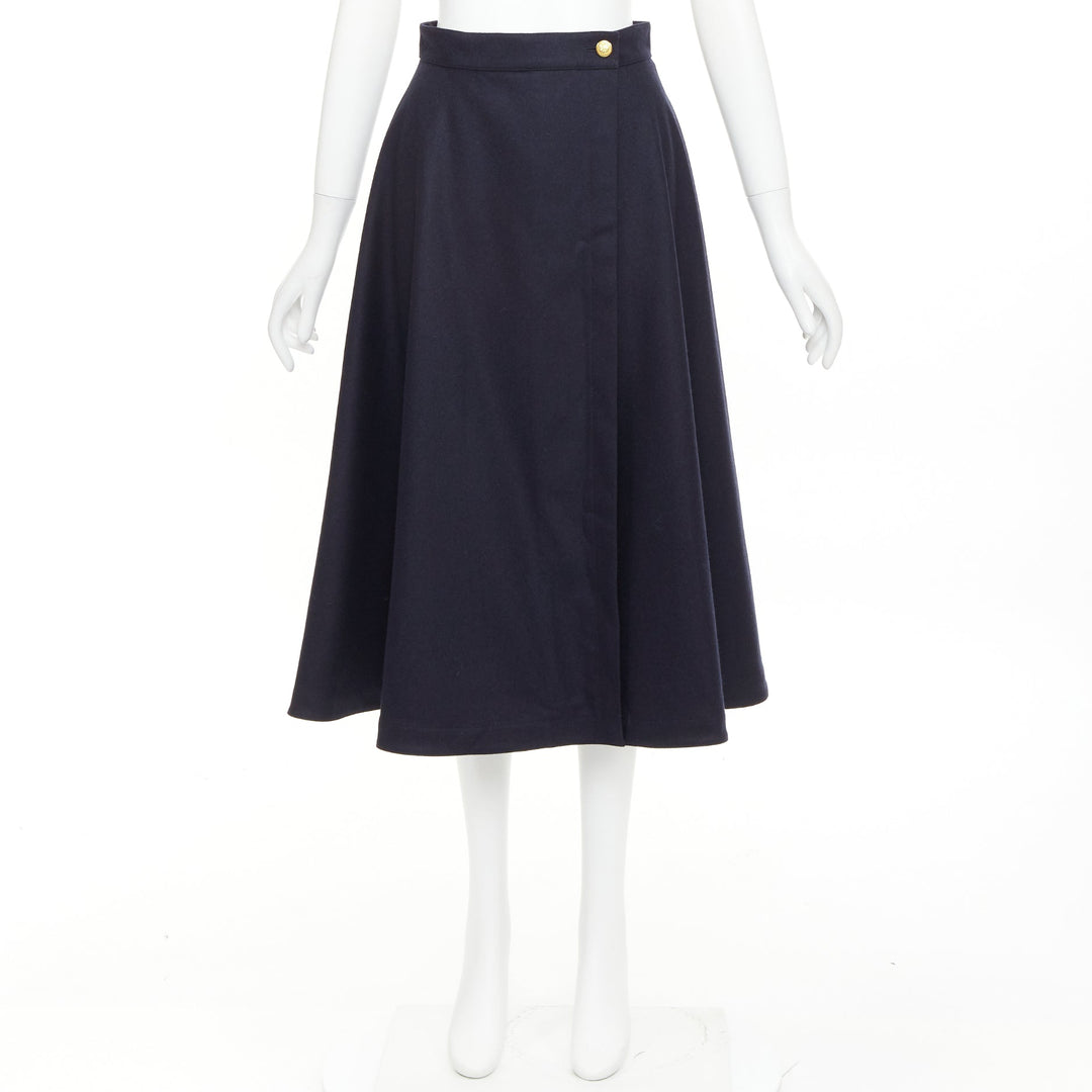 CELINE navy wool felt gold crest button wrap high waist midi skirt FR36 S