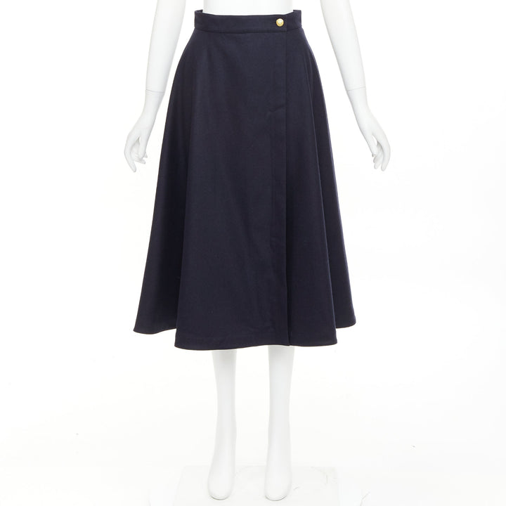 CELINE navy wool felt gold crest button wrap high waist midi skirt FR36 S