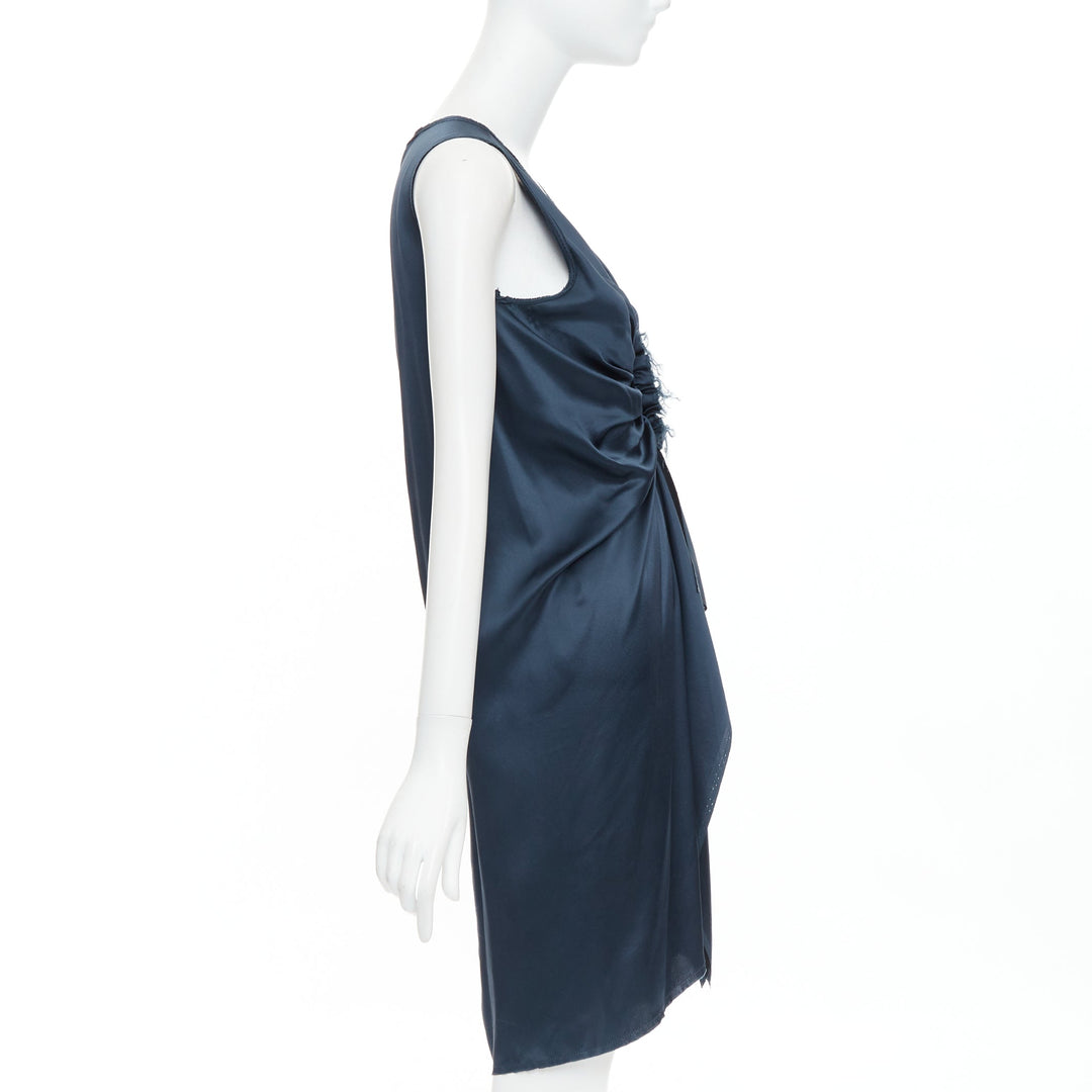 LANVIN 2007  Alber Elbaz  midnight blue silk gathered ruched draped dress FR38 M