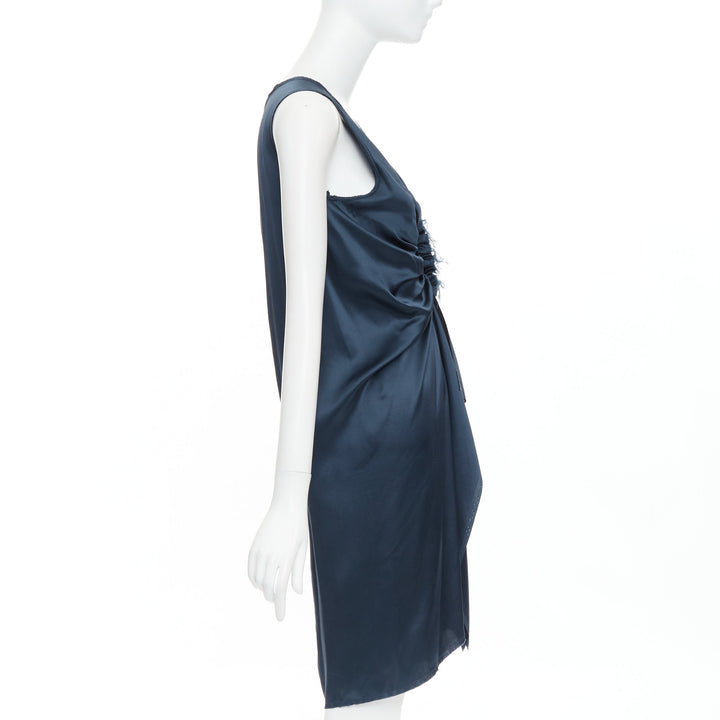 LANVIN 2007  Alber Elbaz  midnight blue silk gathered ruched draped dress FR38 M