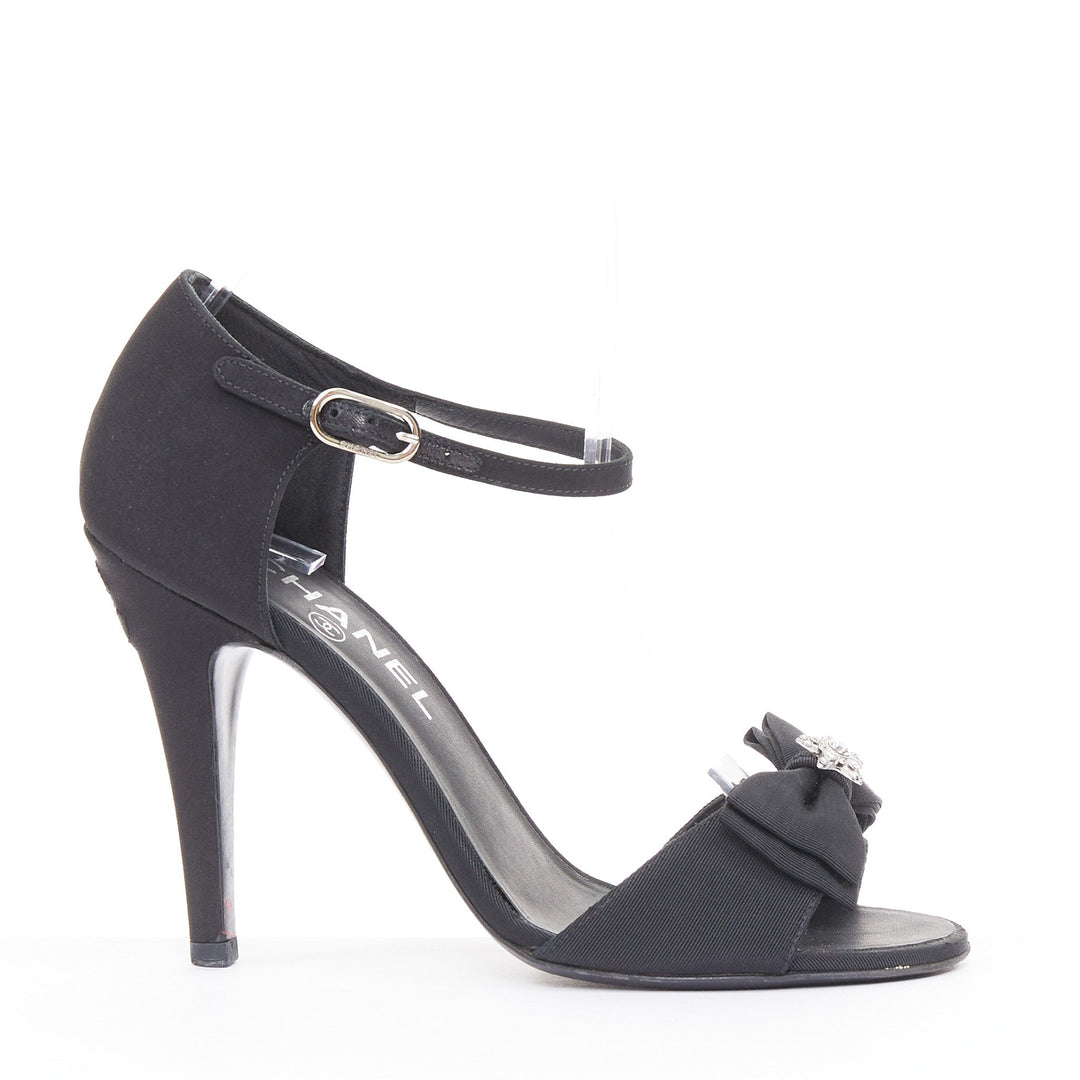 CHANEL 2016 Runway Paris Rome Crystal Bow black grosgrain stiletto sandals EU36