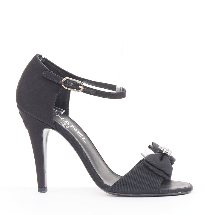 CHANEL 2016 Runway Paris Rome Crystal Bow black grosgrain stiletto sandals EU36
