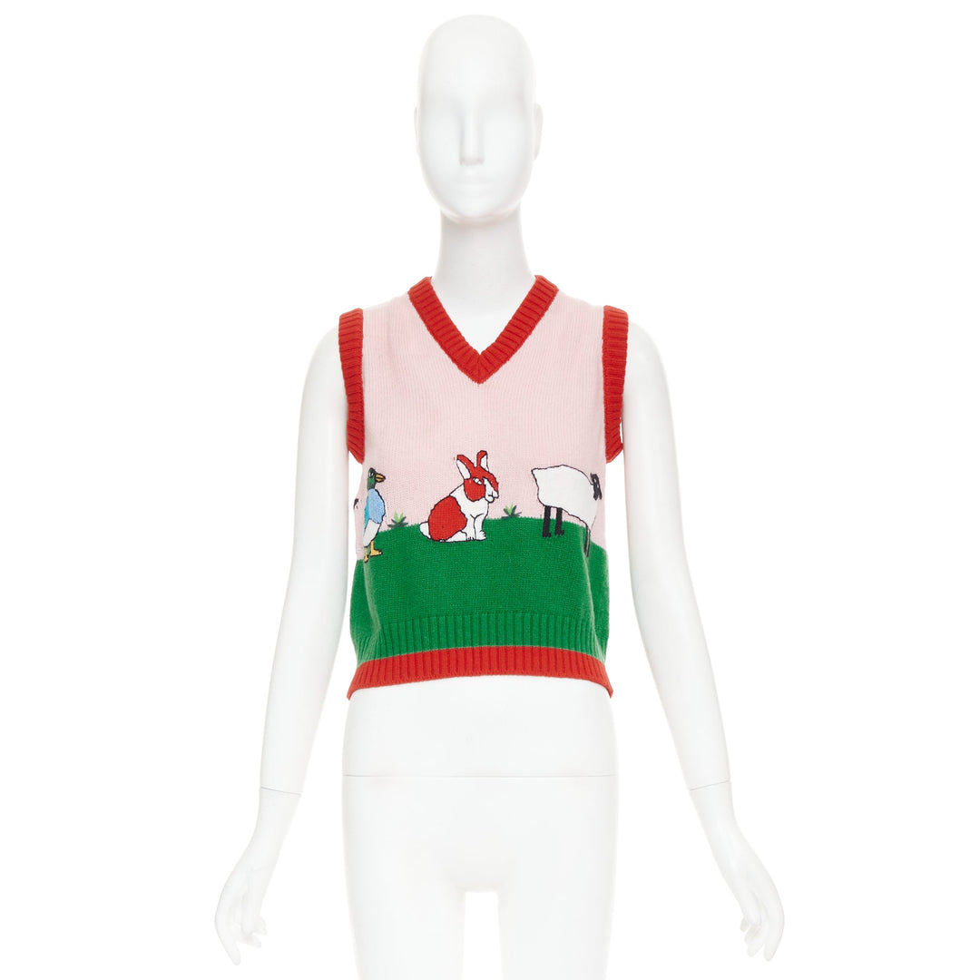 GUCCI 2017 pink green farmyard animal intarsia wool knit sweater vest XS