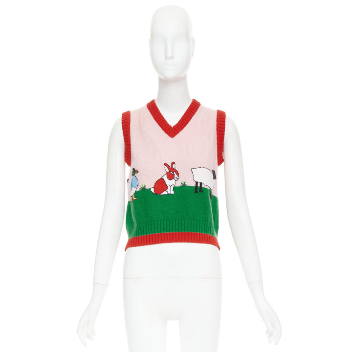 GUCCI 2017 pink green farmyard animal intarsia wool knit sweater vest XS