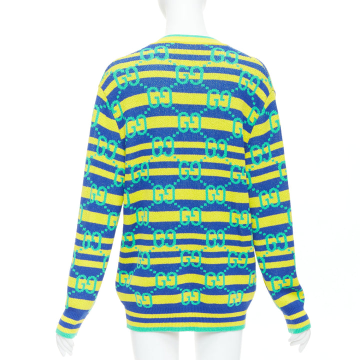 GUCCI green yellow blue GG monogram stripe cardigan XS