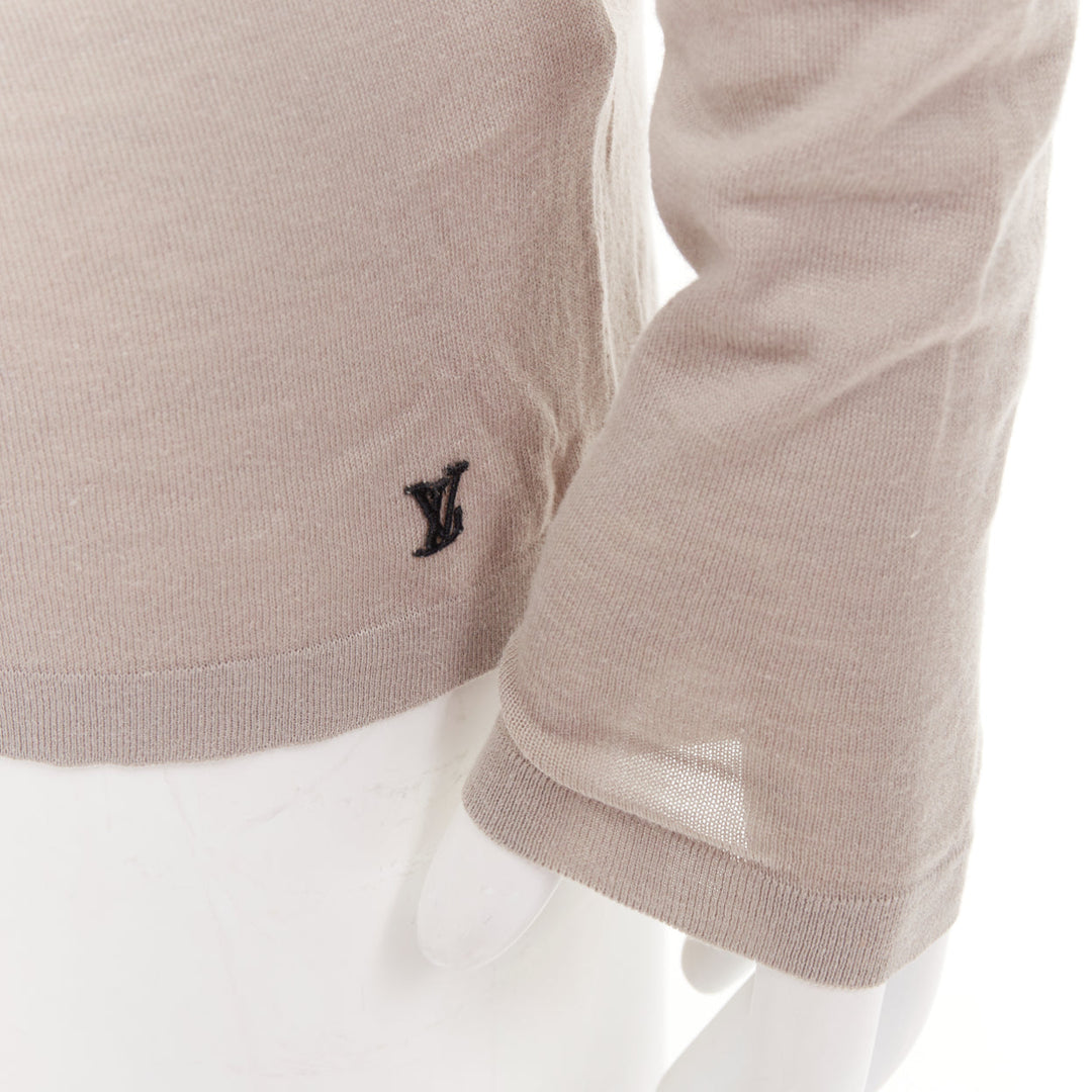 LOUIS VUITTON taupe cotton silk LV logo long sleeve fine knit sweater S