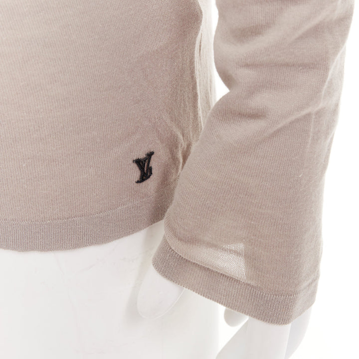 LOUIS VUITTON taupe cotton silk LV logo long sleeve fine knit sweater S