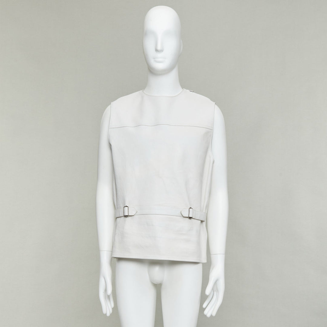 rare PRADA 2023 Runway Raf Simons Vitello white calf leather buckle vest IT50 L