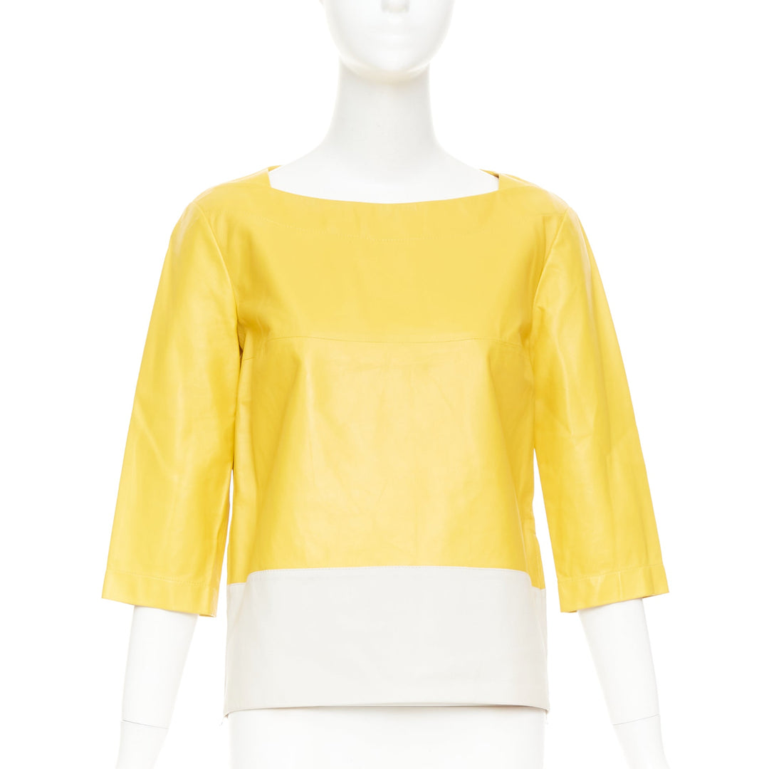 MARNI 2014 yellow off-white lambskin leather colorblock boat neck top IT38 XS