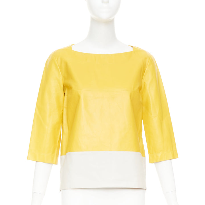 MARNI 2014 yellow off-white lambskin leather colorblock boat neck top IT38 XS