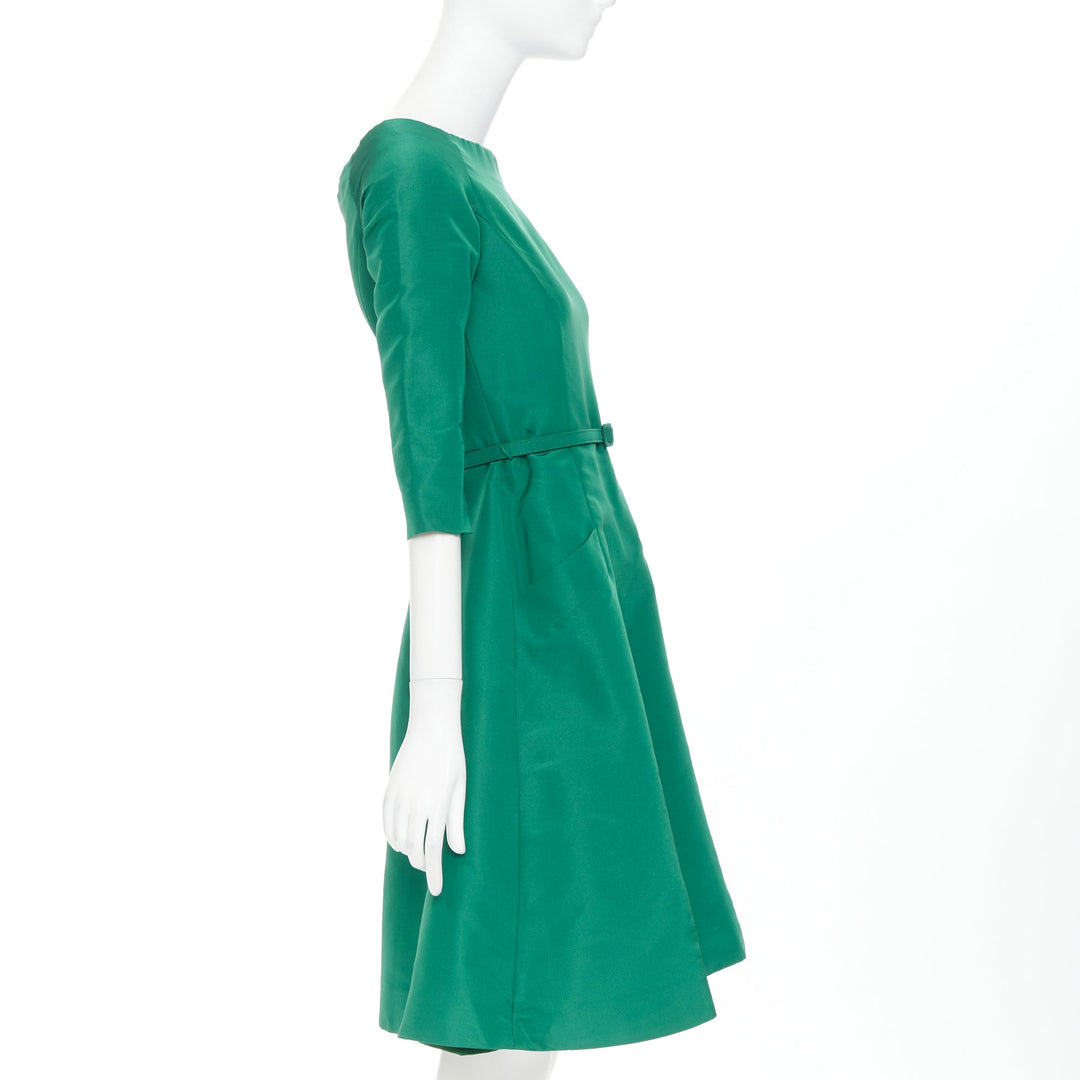 OSCAR DE LA RENTA F17 kelly green  silk taffeta bateau neck belted dress US0 XS
