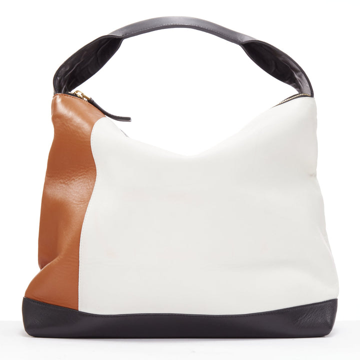 MARNI brown white black colorblock leather double gold zip tote bag