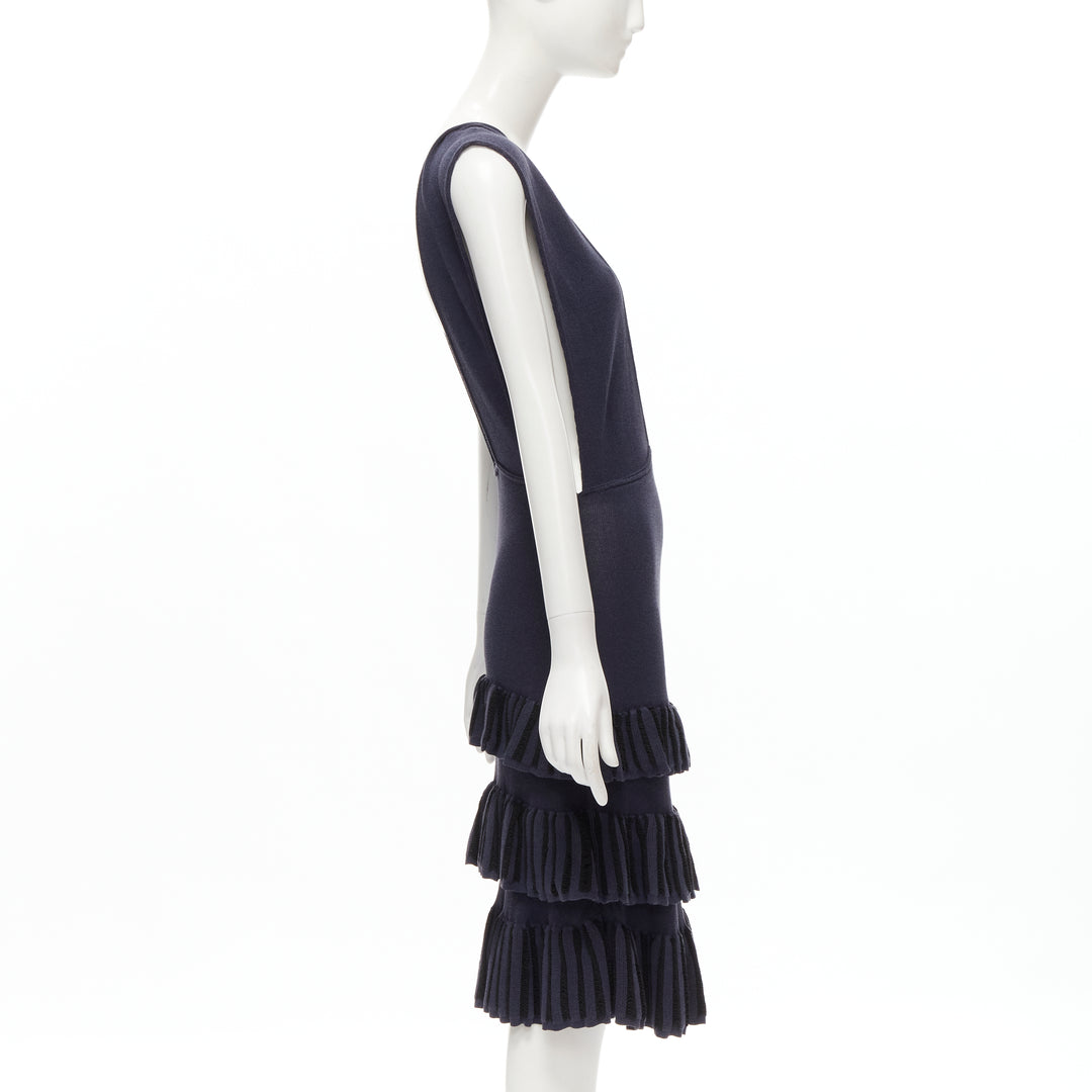 AZZEDINE ALAIA Vintage 1980's navy knitted tiered ruffles plunge neck dress