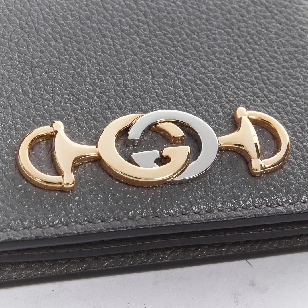 GUCCI 570660 Zumi grey leather GG Horsebit bi-fold wallet on chain mini bag