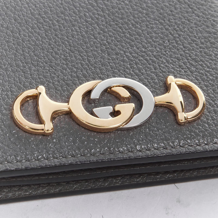 GUCCI 570660 Zumi grey leather GG Horsebit bi-fold wallet on chain mini bag