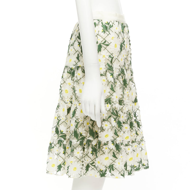 GIAMBATTISTA VALLI white green embroidered daisy cotton blend midi skirt IT38 XS