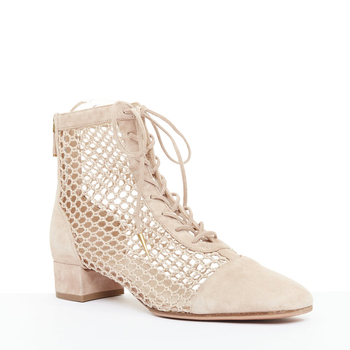 DIOR 2019 Naughtily-D beige suede net mesh lace up block ankle boots EU37.5