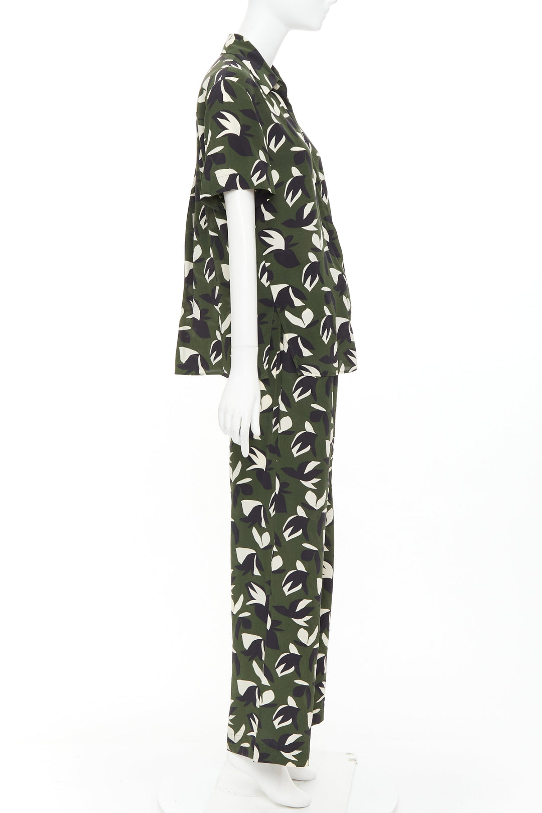 MATTEAU  100% silk  green black geometric print shirt pant set UK6 XS