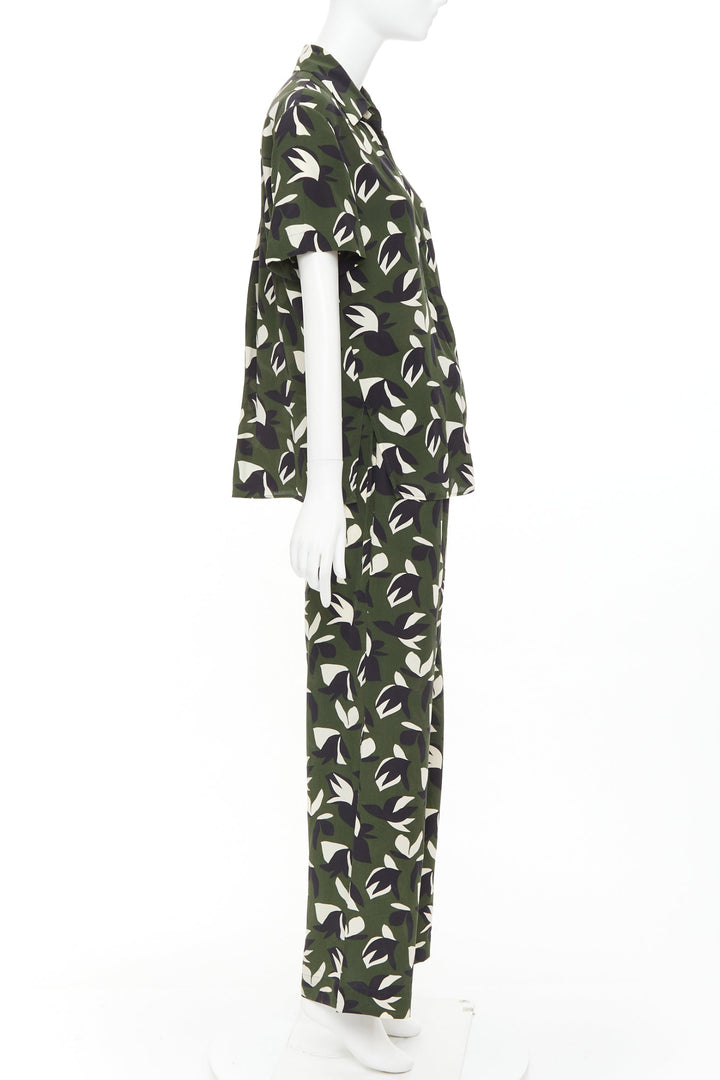 MATTEAU  100% silk  green black geometric print shirt pant set UK6 XS