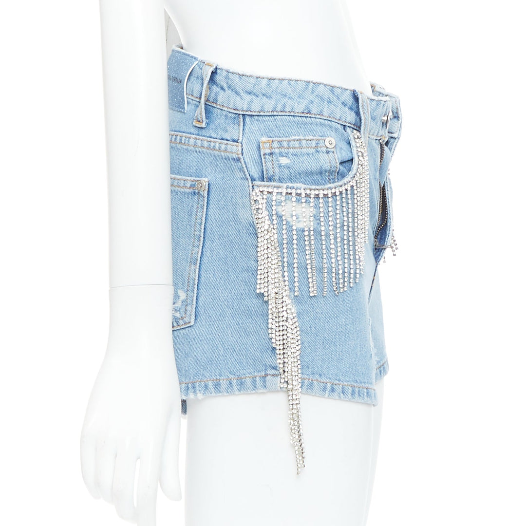 CHIARA FERRAGNI blue crystal fringe distressed denim short shorts XS