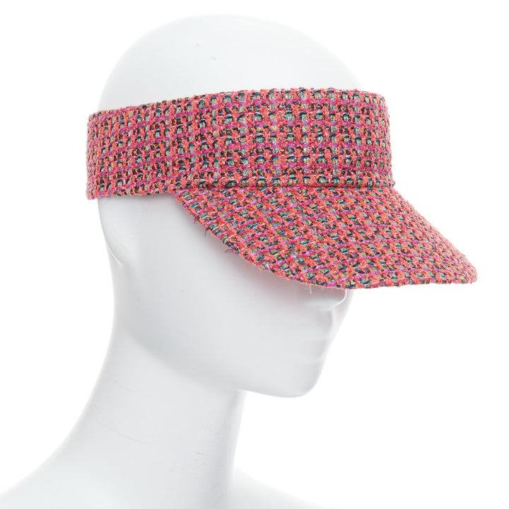 CHANEL pink orange tweed colorful logo lined visor hat