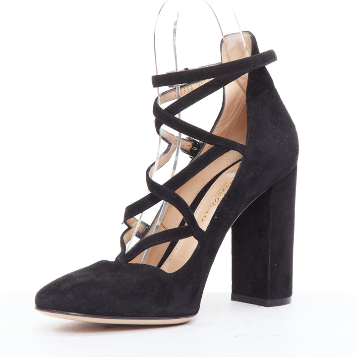 GIANVITO ROSSI black suede leather criss cross strappy block heels EU38