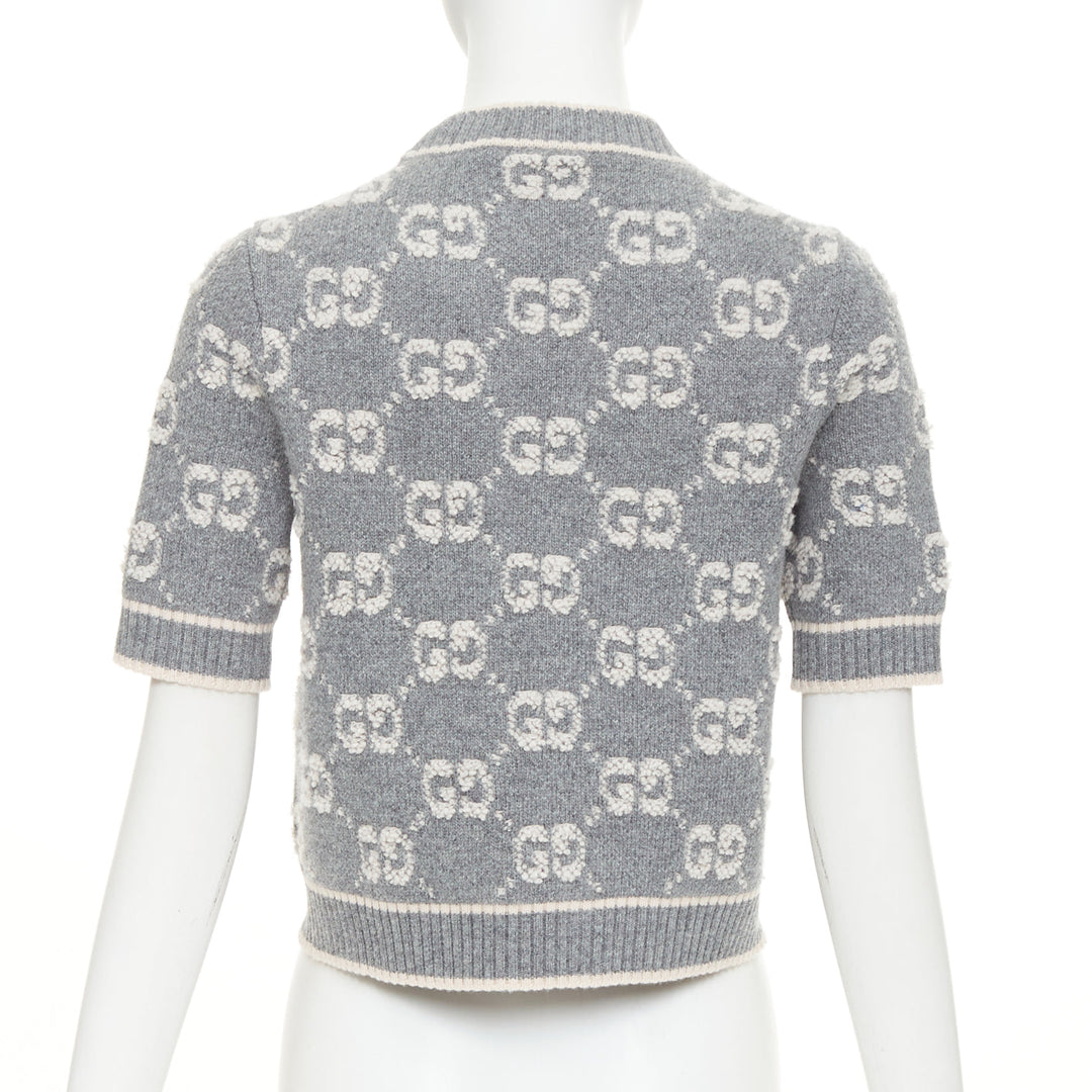 GUCCI grey pale pink wool GG monogram intarsia boucle crop sweater XS