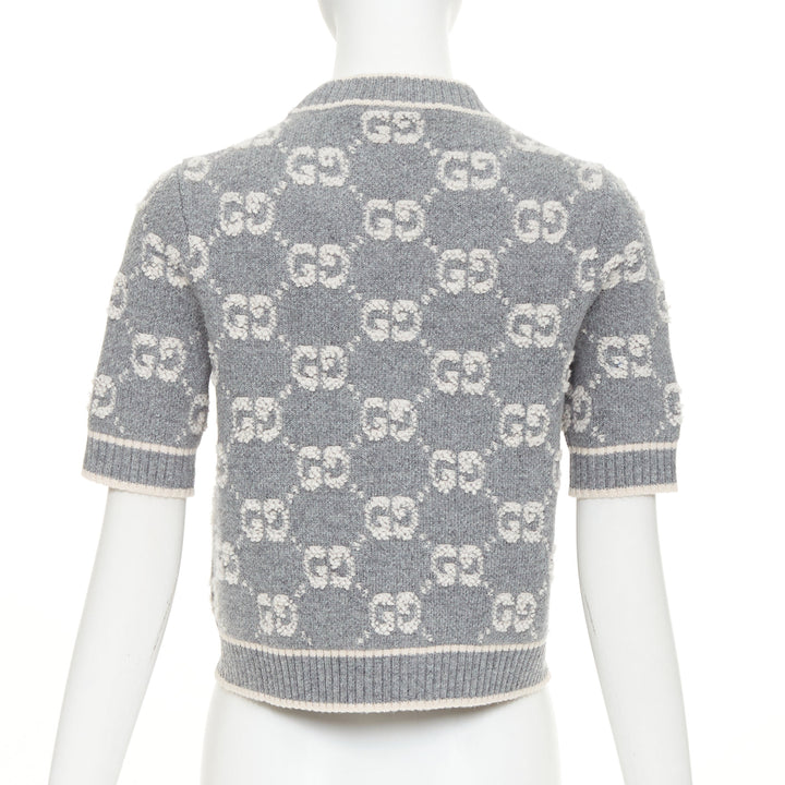 GUCCI grey pale pink wool GG monogram intarsia boucle crop sweater XS
