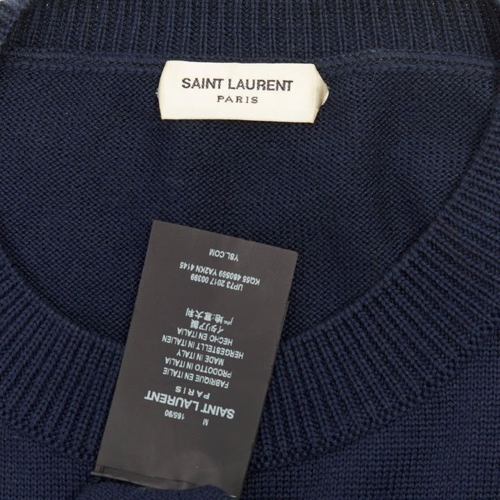 SAINT LAURENT 2017 LouLou Script navy wool cream embroidered crew neck sweater M