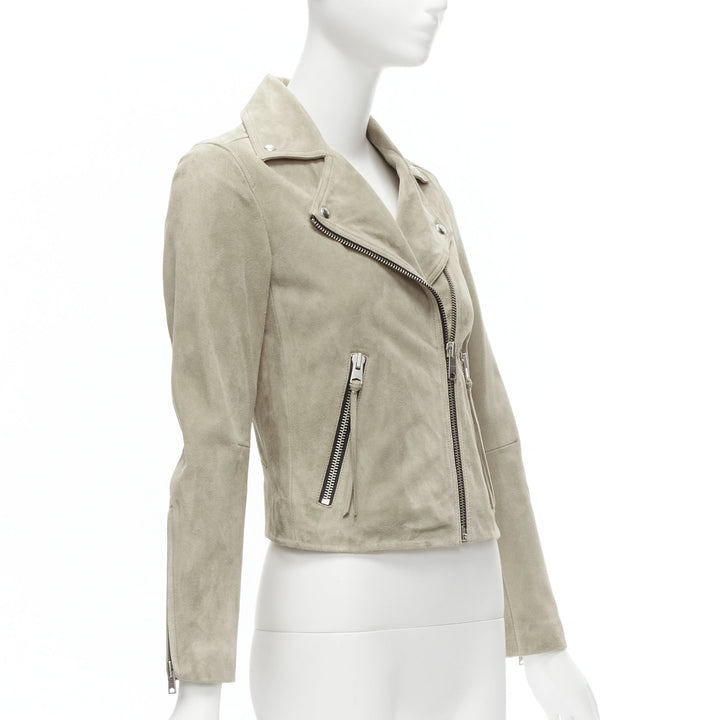 ALL SAINTS Dalby grey goat suede silver hardware classic biker jacket UK6 XS