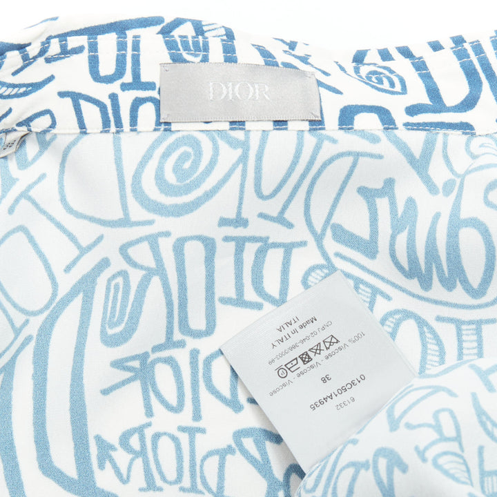 DIOR Shawn Stussy blue graffiti swirl logo print button down shirt EU38 S
