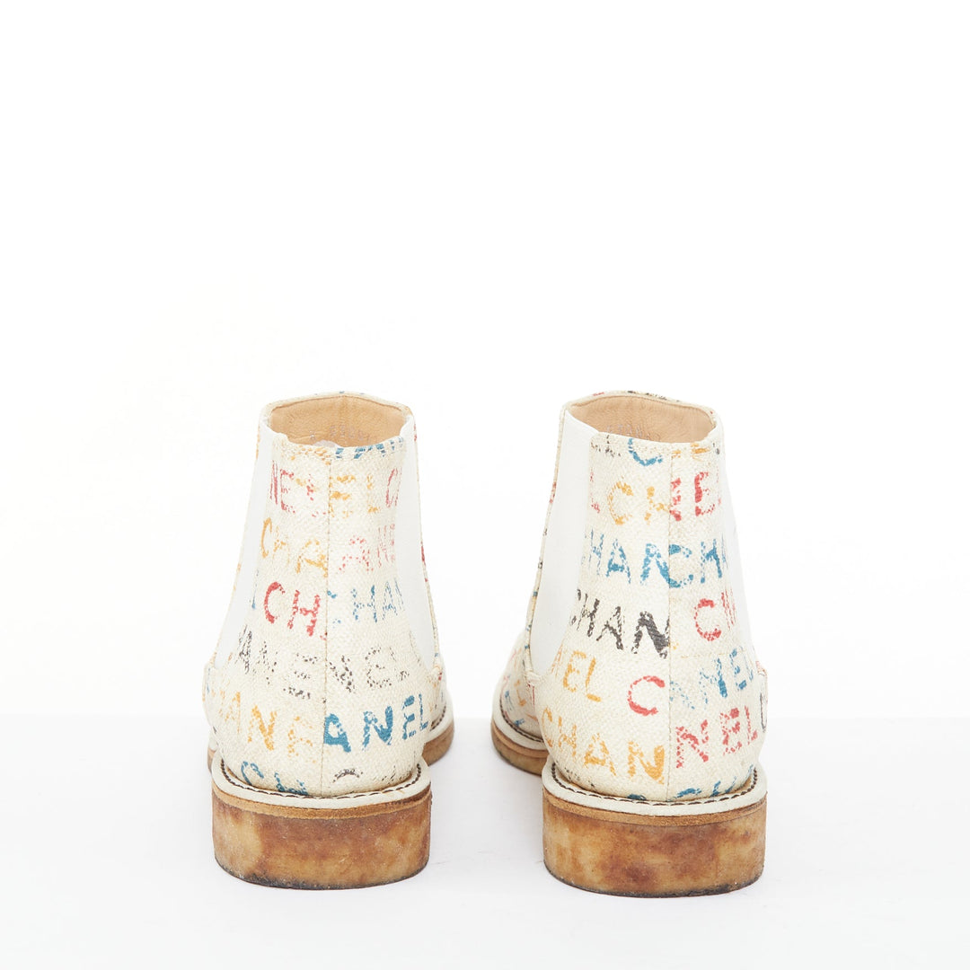 CHANEL 2014 Runway Graffiti multicolor logo print canvas chelsea boots EU40.5