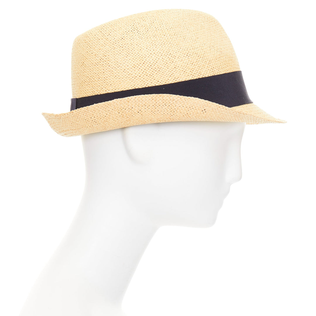CHANEL beige raffia curled brim navy ribbon CC logo trilby hat M