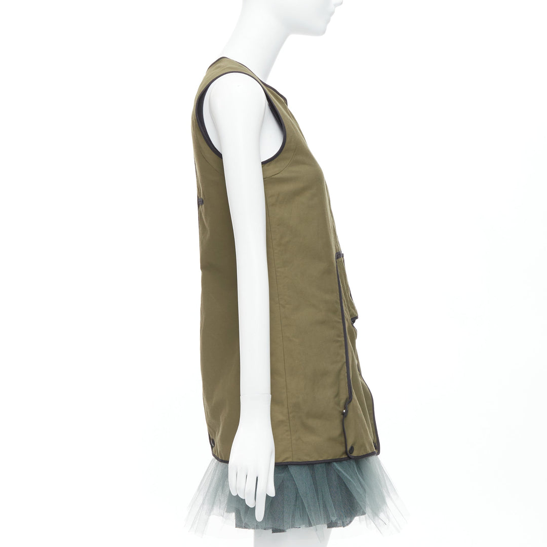 MARNI 2011 khaki utility cutout vest green tulle hem mini dress IT36 XXS