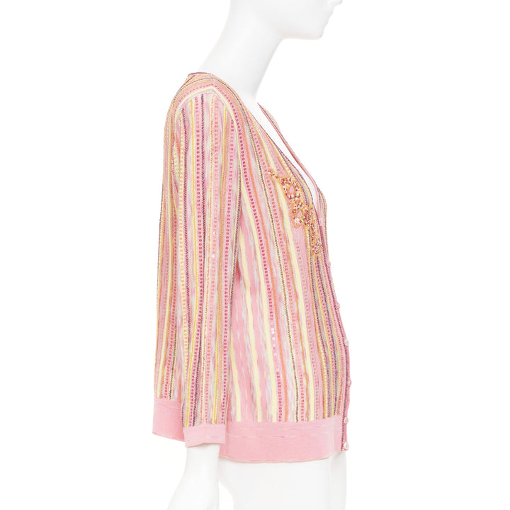 ESCADA vintage pink multi stripe sequin beaded v neck knit cardigan top FR42 XL