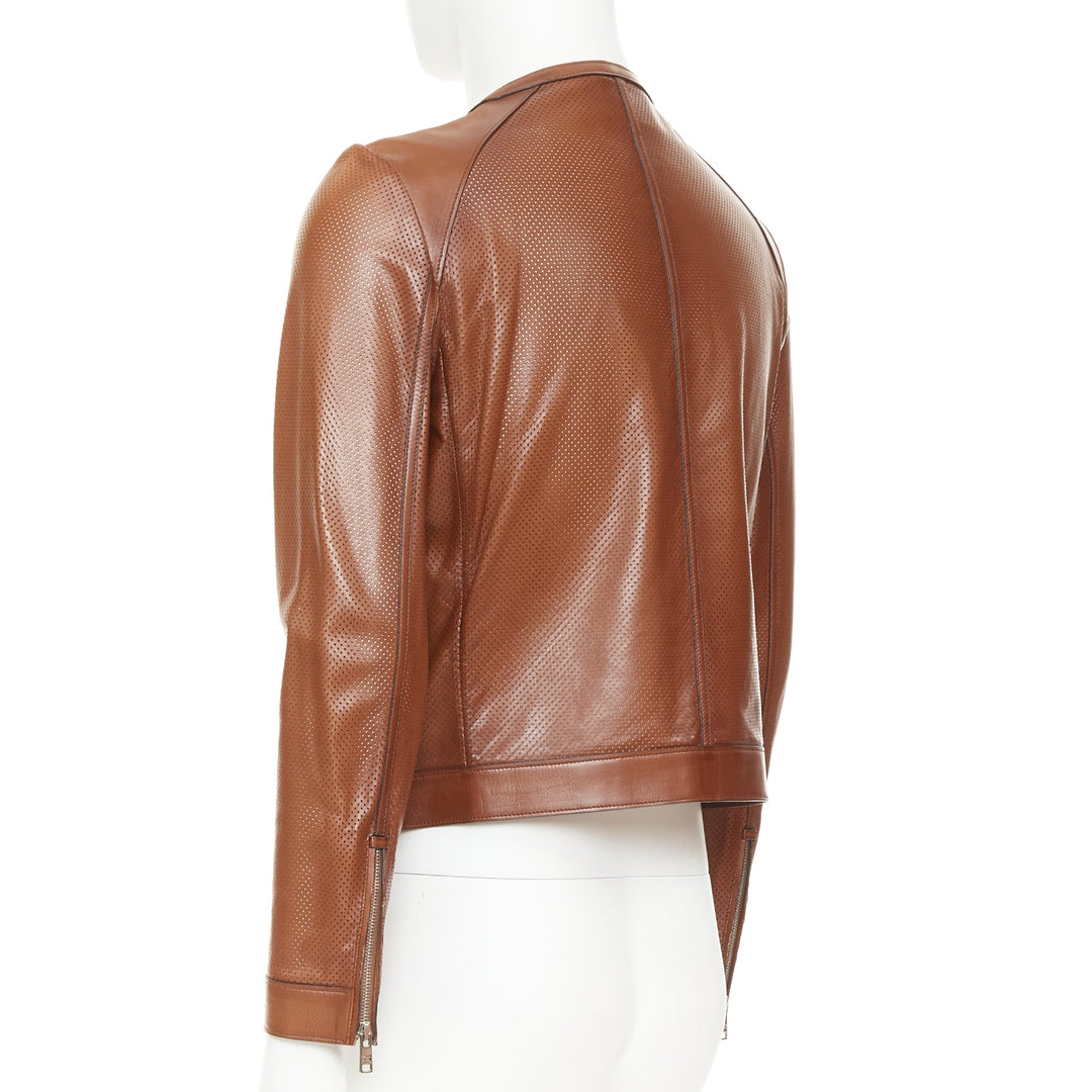 PRADA 2013 brown perforated lambskin leather zip collarless bomber jacket IT46 S