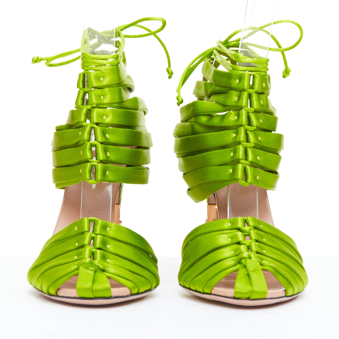 GUCCI Tom Ford 2004 Runway green satin corset gold bamboo sandal EU36C