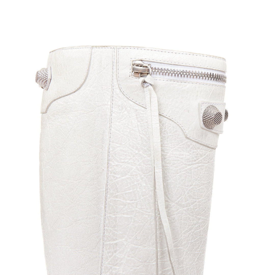 BALENCIAGA Cagole 100 white moto stud textured leather studded tall boots EU38