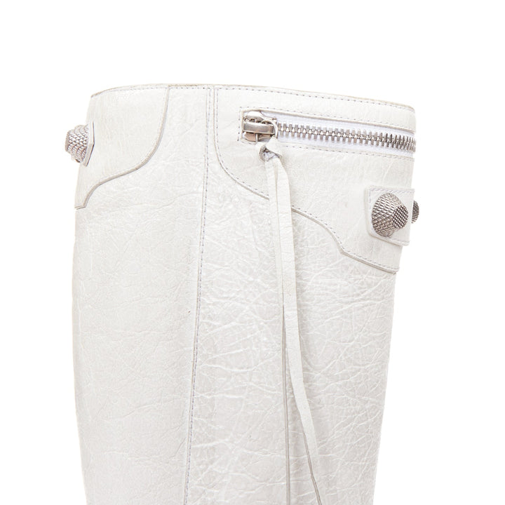 BALENCIAGA Cagole 100 white moto stud textured leather studded tall boots EU38