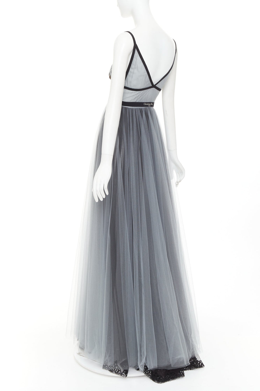 rare CHRISTIAN DIOR 2024 Runway grey butterfly bead embroidered tulle maxi gown