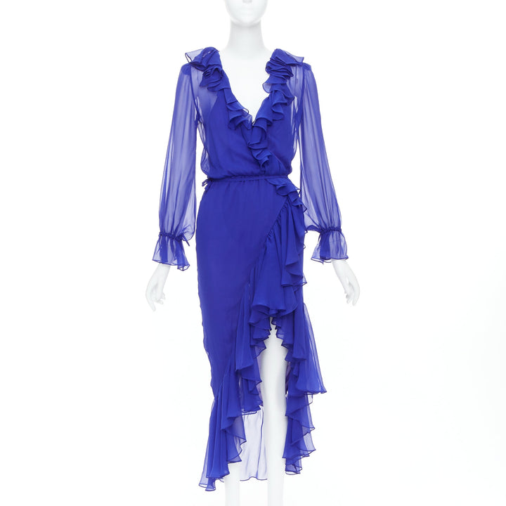 SAINT LAURENT 2020 Runway cobalt blue 100% silk ruffle wrap dress FR42 XL