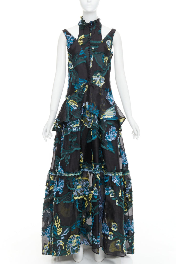 ERDEM 2015 Runway black green blue sheer jacquard cold shoulder gown