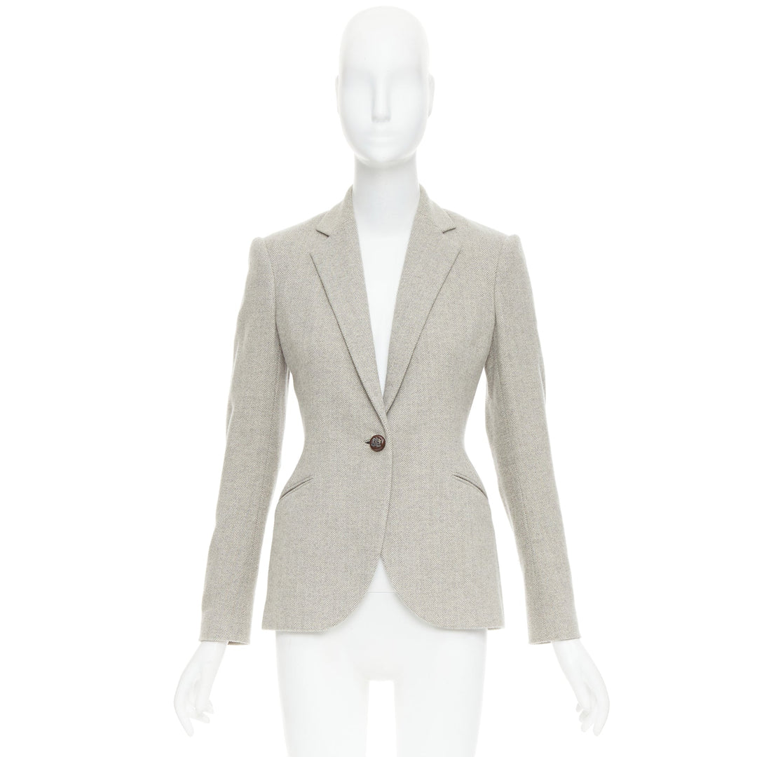 RALPH LAUREN Black Label grey merino wool herringbone leather button blazer US2