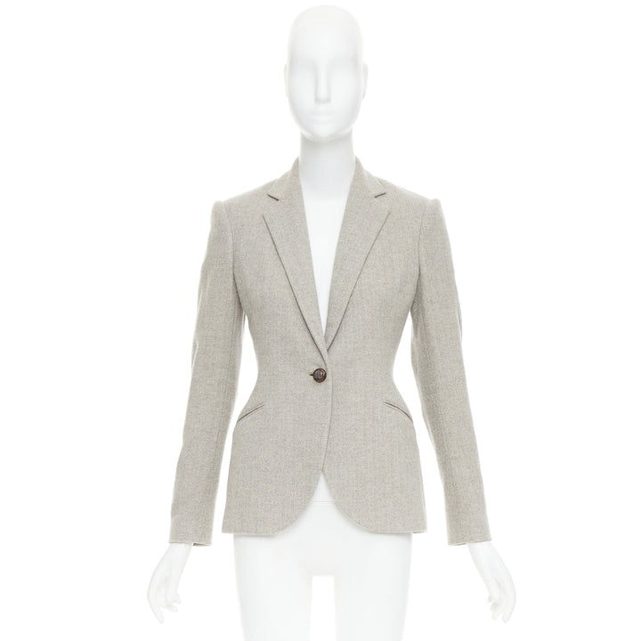 RALPH LAUREN Black Label grey merino wool herringbone leather button blazer US2