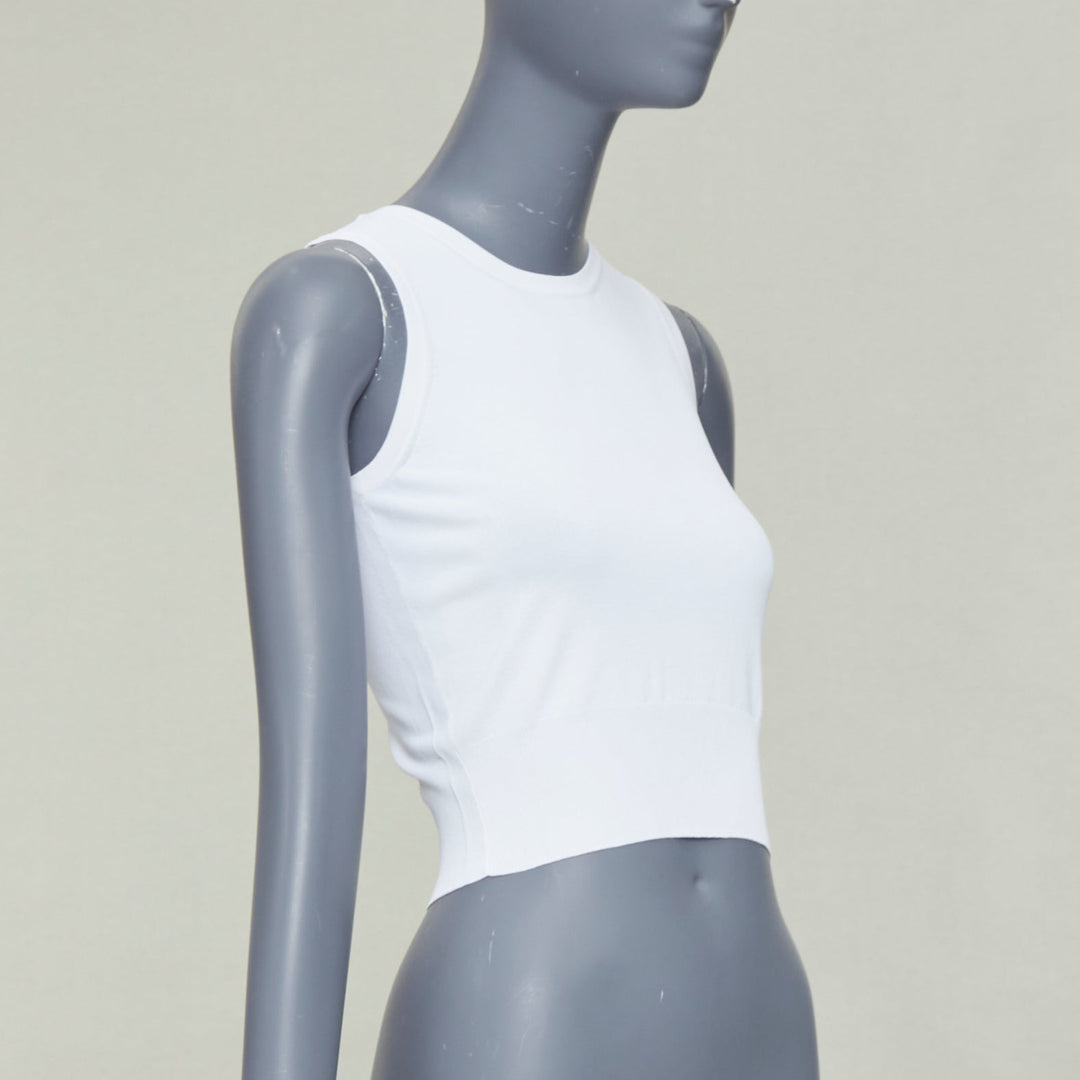 ALAIA white viscose blend sleeveless round neck ribbed hem crop vest FR36 S