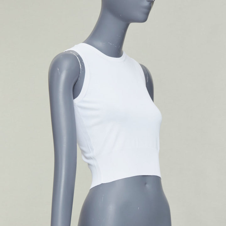 ALAIA white viscose blend sleeveless round neck ribbed hem crop vest FR36 S