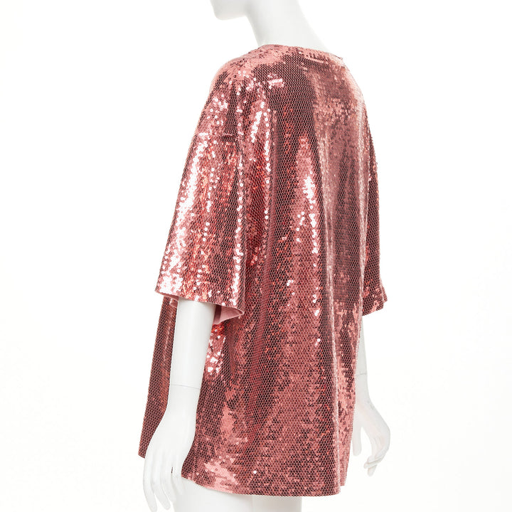 CELINE 2022 Runway rose pink white sequin logo oversized jersey tshirt M