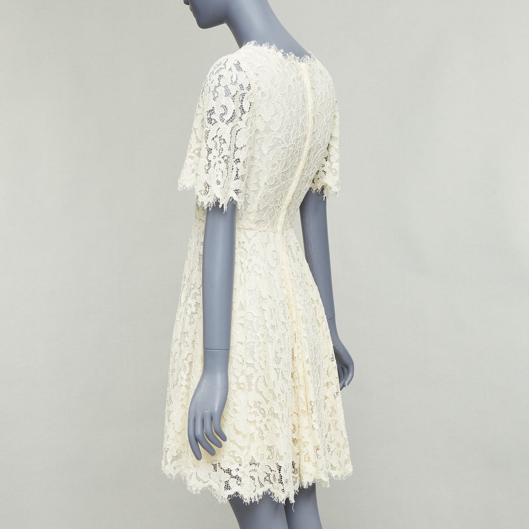 DOLCE GABBANA cream floral lace short sleeve silk lined dress IT40 S