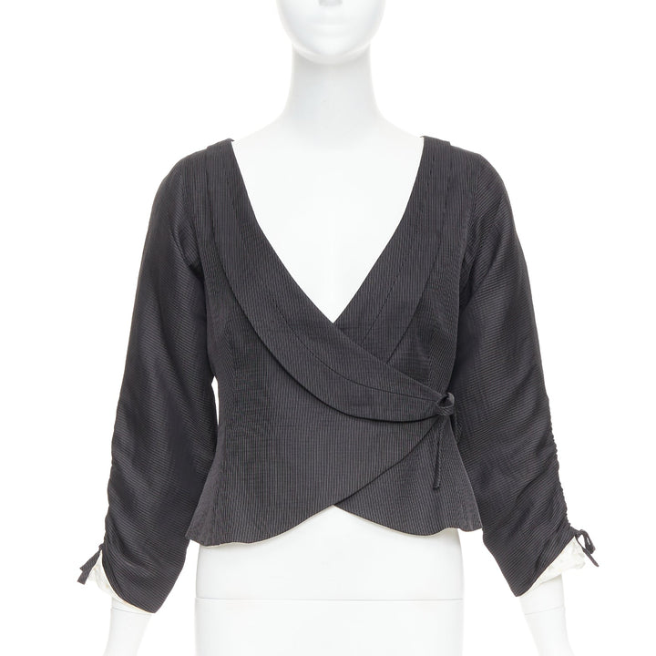 GIORGIO ARMANI grey ramie blend ruched kimono wrap crop blazer IT38 XS
